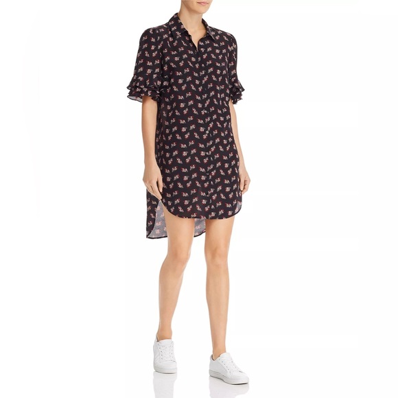FRAME Silk Floral Print Button Front Ruffle Sleeve Shirtdress in Noir Multi - Picture 10 of 10